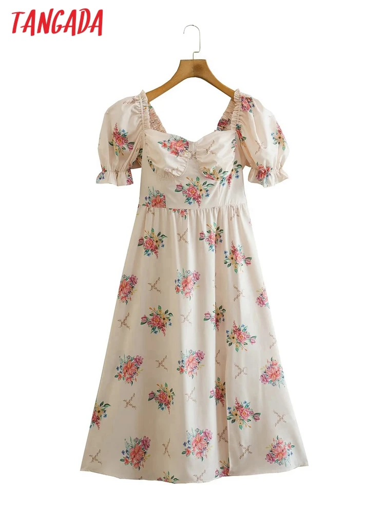 

Платье-миди с коротким рукавом и квадратным вырезом, с цветочным принтом