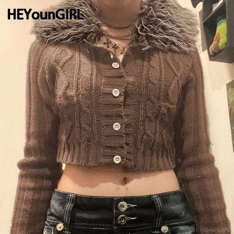 HEYounGIRL Y2K коричневый укороченный свитер на пуговицах со съемным меховым