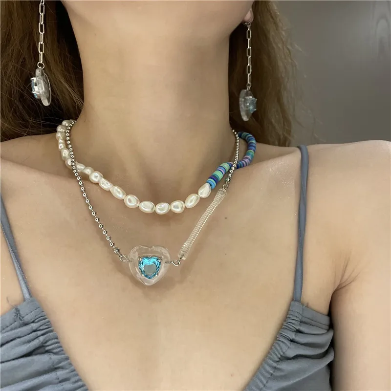 

Stacked Boho Pearl and Heart Sapphire Necklace for Women Party Jewelry Girls Birthday Gifts with gift Box Packing
