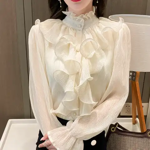 Korean Ruffles Stitching Elegant Lace Blouse Woman Stand Collar Button Chiffon Shirt Long Flare Sleeve Fashion Loose Tops 12946