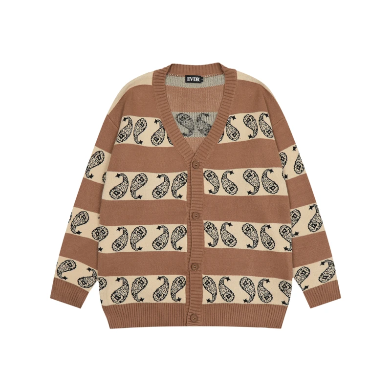 

High Street Full Cashew Print Striped V Neck Cardigan Sweaters Men's and Women's Retro Patchwork Single Breasted Loose Clothes