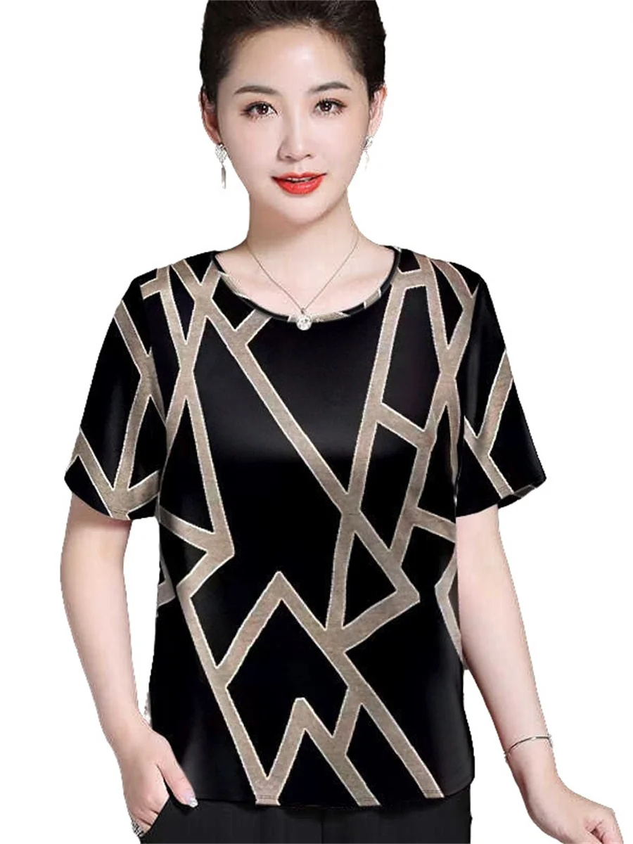 

4XL Women Spring Summer Blouses Shirts Lady Fashion Casual Short Sleeve O-Neck Collar Printing Silk T-shirt Blusas Tops G2040
