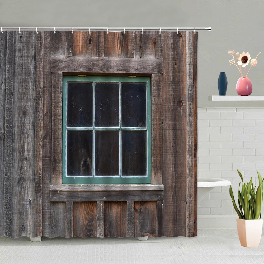 

Винтажная старинная деревянная дверь, занавеска для душа, ферма, сарай, доска для растений, окна, кирпичная стена, ретро занавеска для ванны, современный тканевый Декор для ванной комнаты