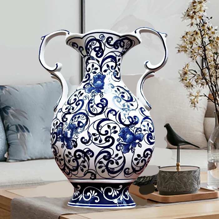 

double New ear hand-painted vase, Chinese ornaments, arts and crafts, porch decoration, TV cabinet, ceramic home