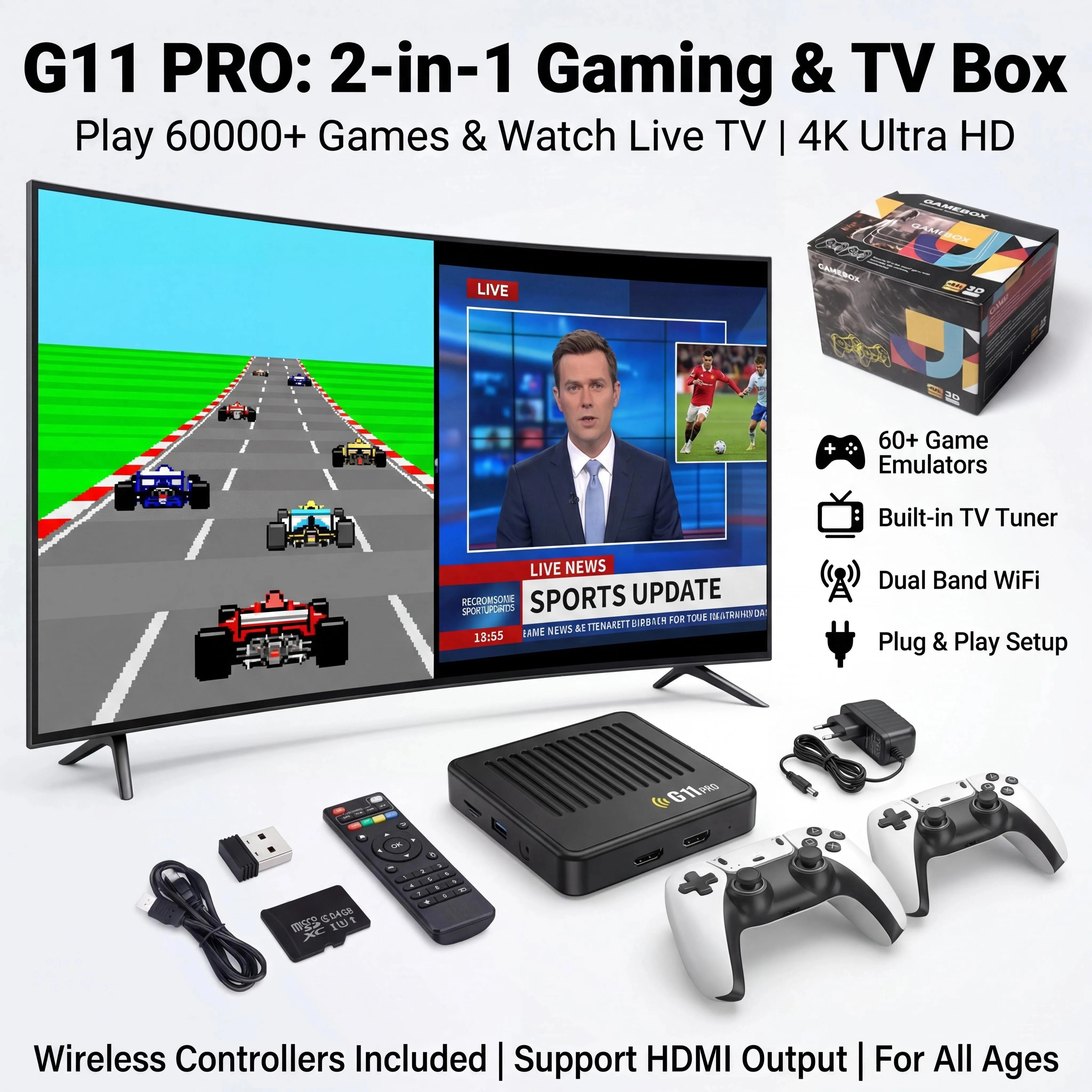 Фото Игровая приставка G11 Pro Game Box с двумя системами, 4K HD, ретро-консоль, беспроводной контроллер 2.4G, поддержка Plug and Play, поддержка нескольких устройств. №4