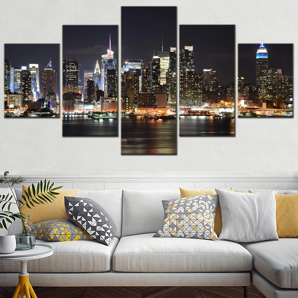 

5 Pieces New York City Building Night View Canvas Painting Home Decor Wall Art Living Room Print Pictures Painting Decor Artwork