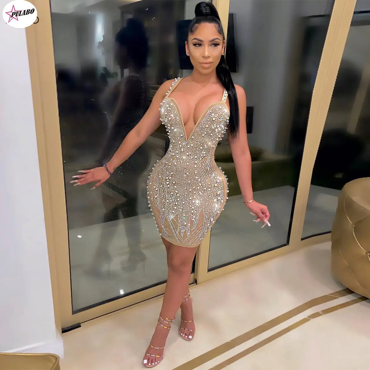 

Sparkle Sleeveless Sequins Pearl Crystal Party Dress Glitter Spagetti Straps Bodycon Celebrities Outfits Female Robes