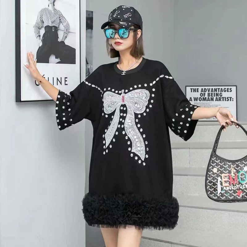

URIOR Diamond Embellished Bow Round Neck T-shirt Korean Loose Westernized Patchwork Mesh Mid Length Top