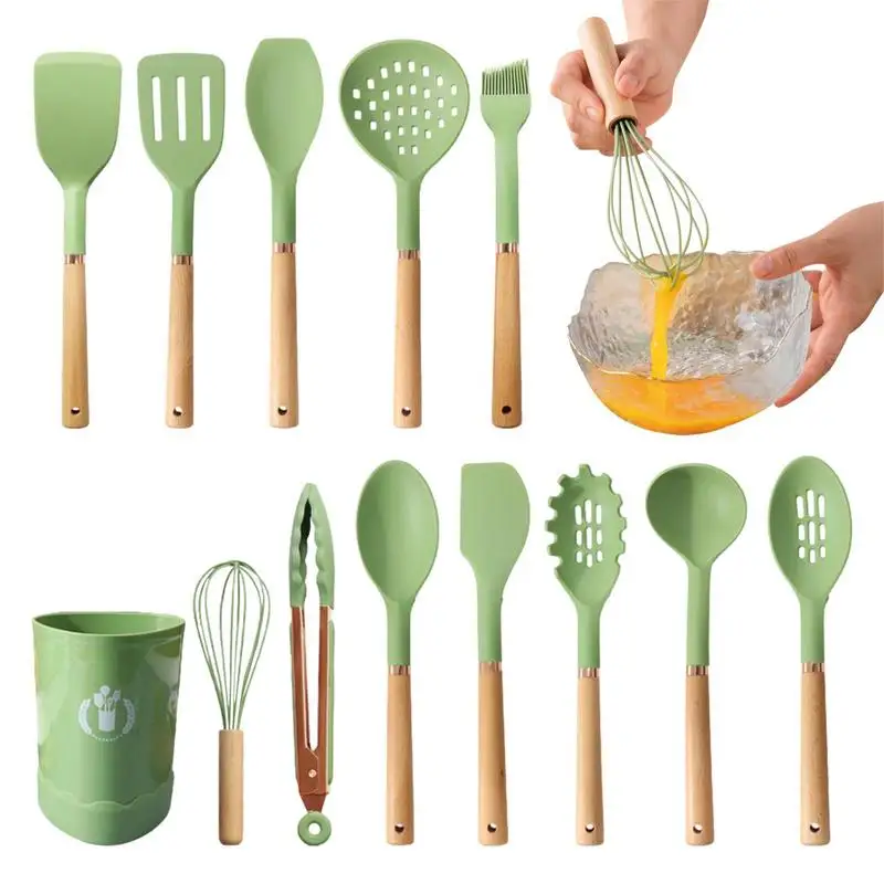 

Cookware Utensils Set 13pcs Kitchen Gadget Utensil Set Wood Handle Anti-scald Nonstick Silicone Food Grade 428F Heat-Resistant