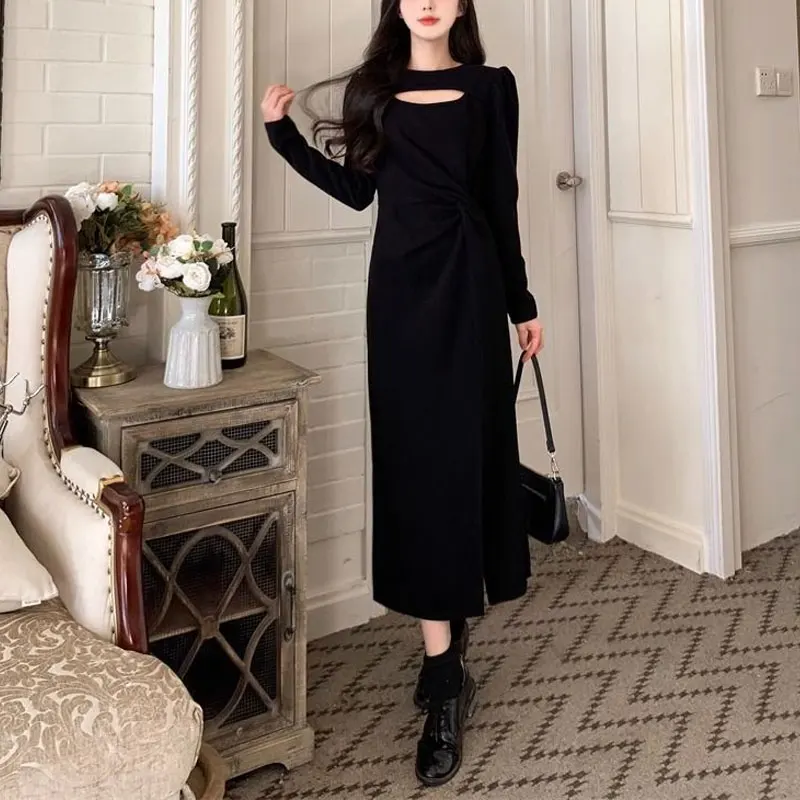 Осенне-зимние платья с вырезами женская одежда на талии модное однотонное
