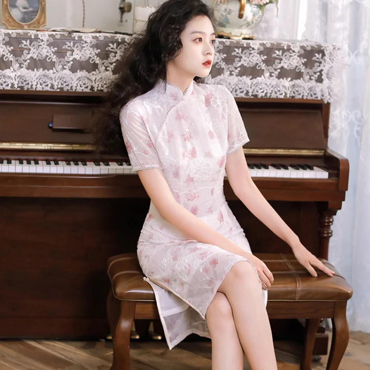 

Summer Women Chinese Retro Pink Novelty Qipao Lace Chiffon Fashion Cheongsam Dress Oriental Formal Party Dresses Vestidos