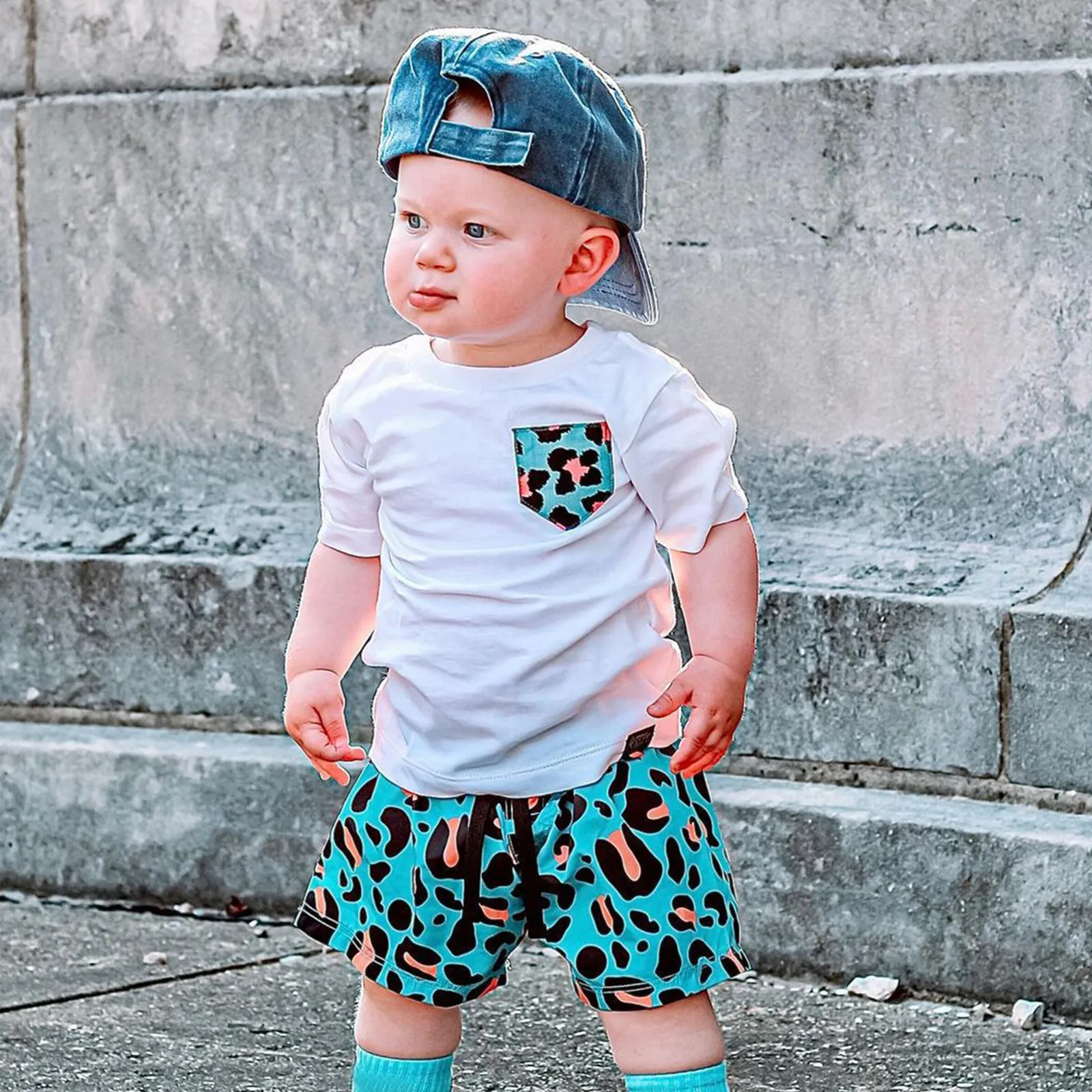 

2022 Summer Boys Clothes Toddler Kids Boys Outfits Leopard Printing Short Sleeve T Shirt+Tops Shorts 2Pcs Clothes Sets 6M-4Y