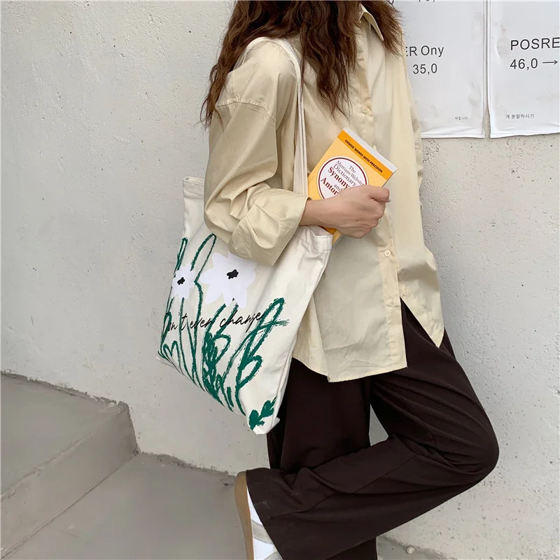 

Japan Style Chamomile Print Shoulder Bag Simple Girls Students Cute Undershirt Bag Tote Beixbao Large Capacity Canvas Bags