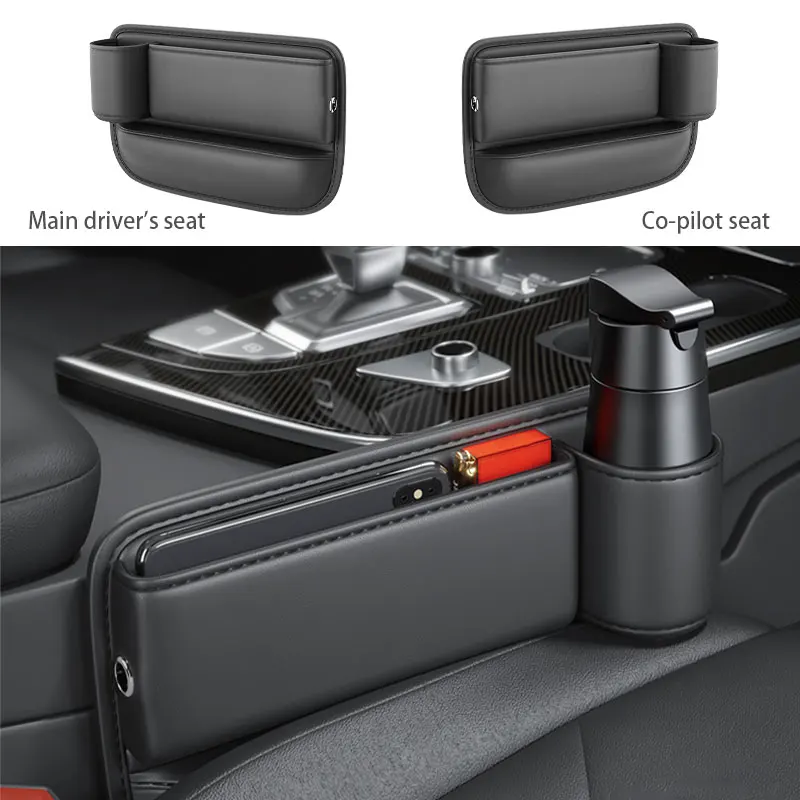 Premium Car Seat Gap Organizer Textured Pu Leather Front Storage Bag with Cup Holder Auto Center Console Crevice Filler |