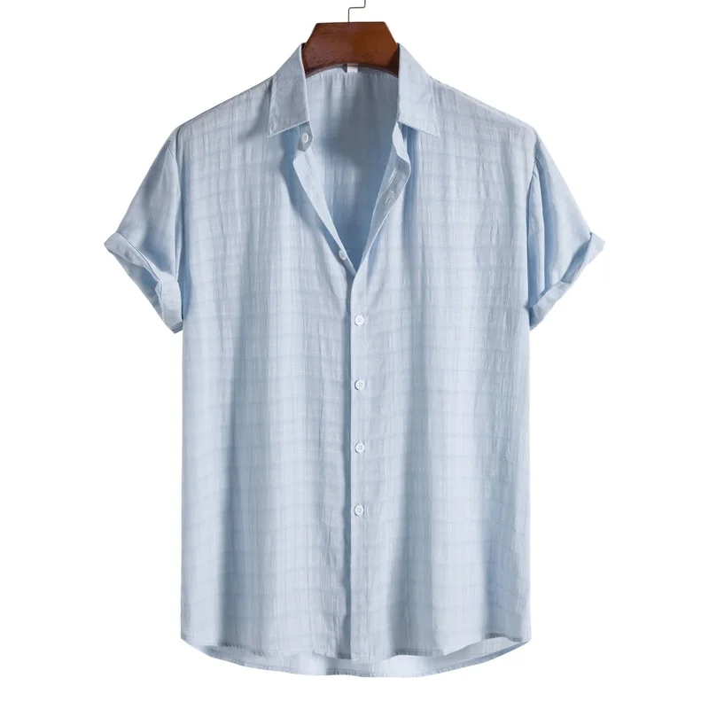 Мужские рубашки 2022 летняя новая мужская модная трендовая однотонная  Специальная текстура ткань темная решетка отворот с коротким рукавом рубашка  | AliExpress