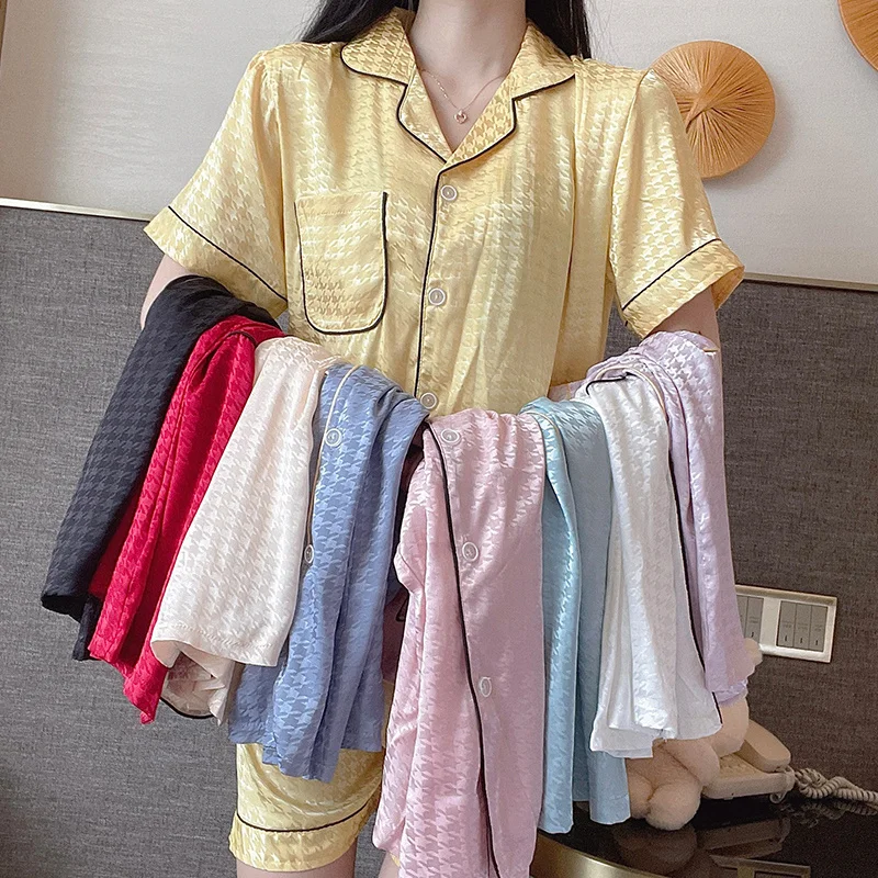 

Женский пижамный комплект M-4XL из искусственного шелка, сатиновая однотонная клетчатая Пижама с коротким рукавом, Женский комплект из 2 предметов, летняя Домашняя одежда, пижамы