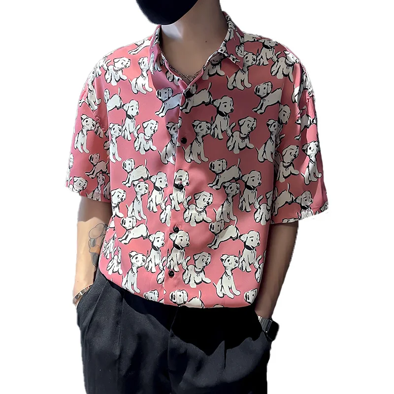Fun Cartoon Print Shirt Men 2022 Summer Short Sleeve Slim Casual Shirt Loose Streetwear Oversized Tops Social Party Men Clothing