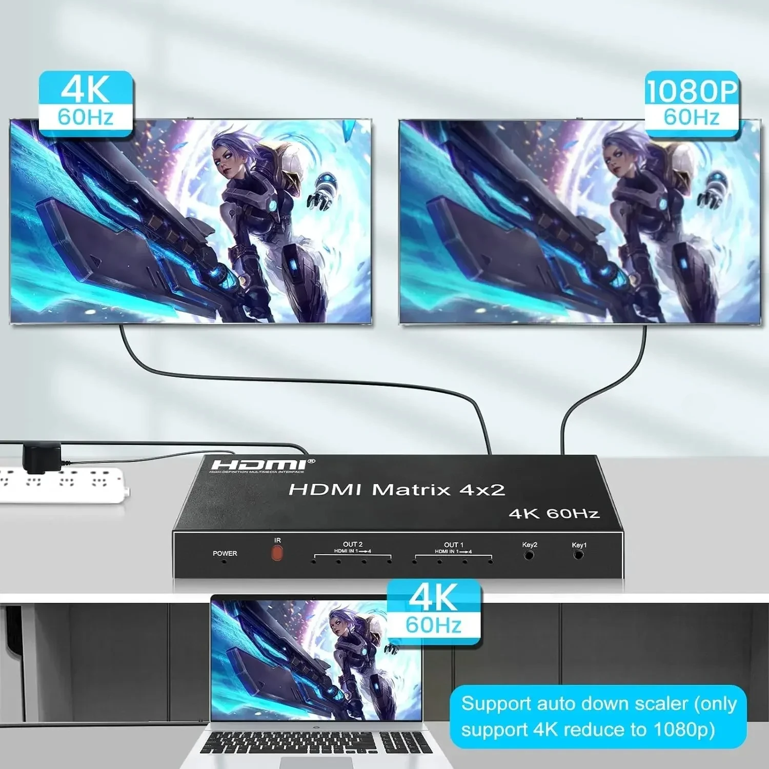 Фото Матричный коммутатор 4K 60 Гц HDTV 4 входа 2 выхода, HD 2.0, с оптическим и аудиовыходом 3.5 мм, конвертер HDCP2.2 EDID №4