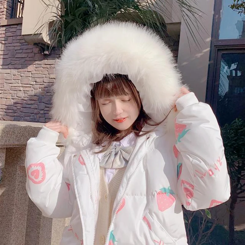 Winter 2022 New Japanese Women's Sweet Coat Cartoon Print Warm Coat Girl Kawaii Hooded Coat Fashionable Female Woman Jacket
