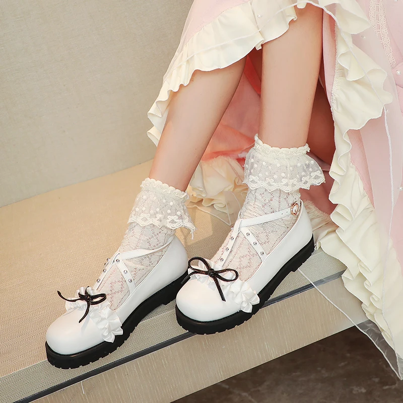 Women Fashion Flats Heel Bow Rivet Buckle Strap Platform Ruffles Round Toe Cosplay Elegant Mary Janes Shoes Lace Red Black White
