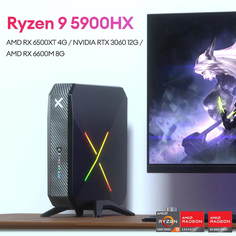 

New Gaming Mini PC AMD Ryzen 9 5900HX RTX3060 RX 6600M RX 6500XT RGB Gradient M.2 NVME SSD 3*USB3.0 2*Type-C Windows 11 WiFi6E