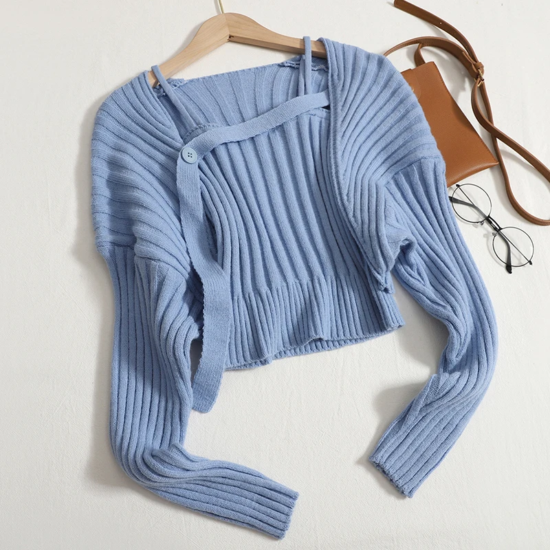 

Дизайнерская шаль с длинным рукавом, однотонный вязаный свитер, пальто, Женский Осенний короткий жилет, юбка-кардиган, комплекты из двух пре...