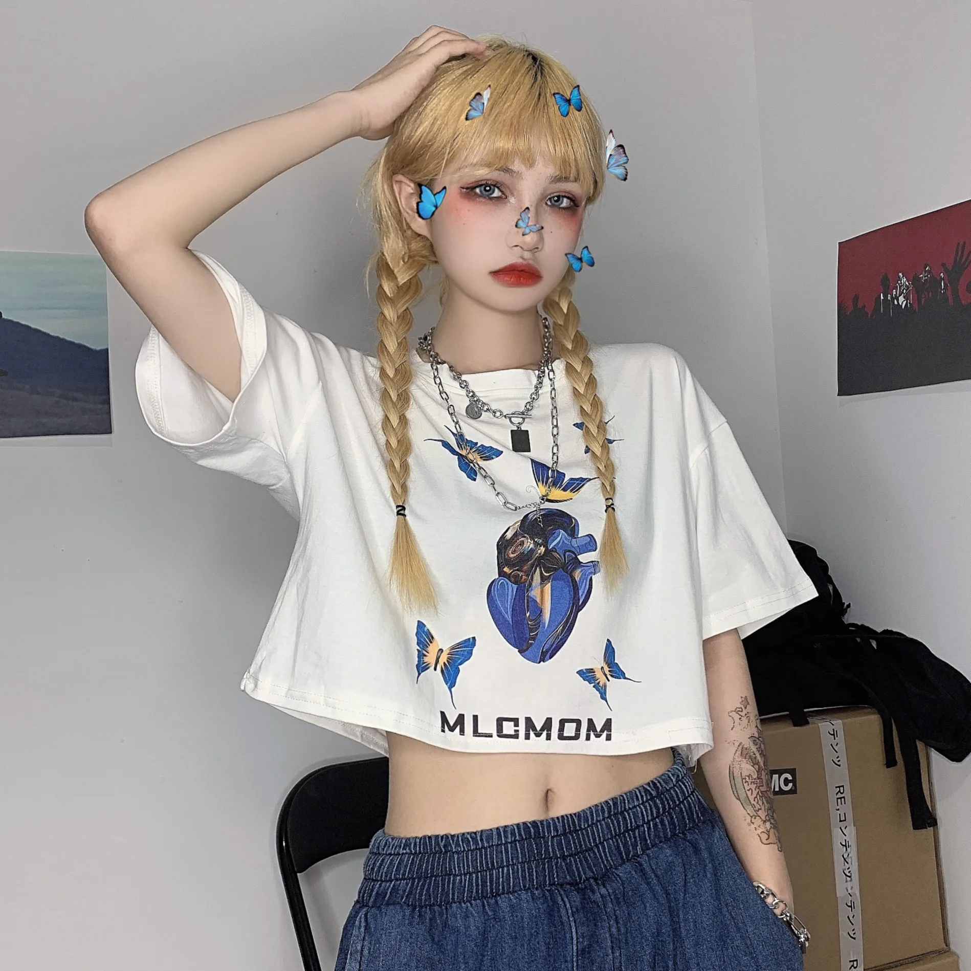 

Women Cropped T Shirt Korean Fashion Crop Top Tshirt Butterfly Print Loose Cropped Tee Short Clothes Style Cute Kawaii Clothing