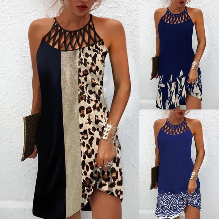 

European and American spring and summer new ethnic style positioning printing mesh belt sleeveless casual dress women's clothing