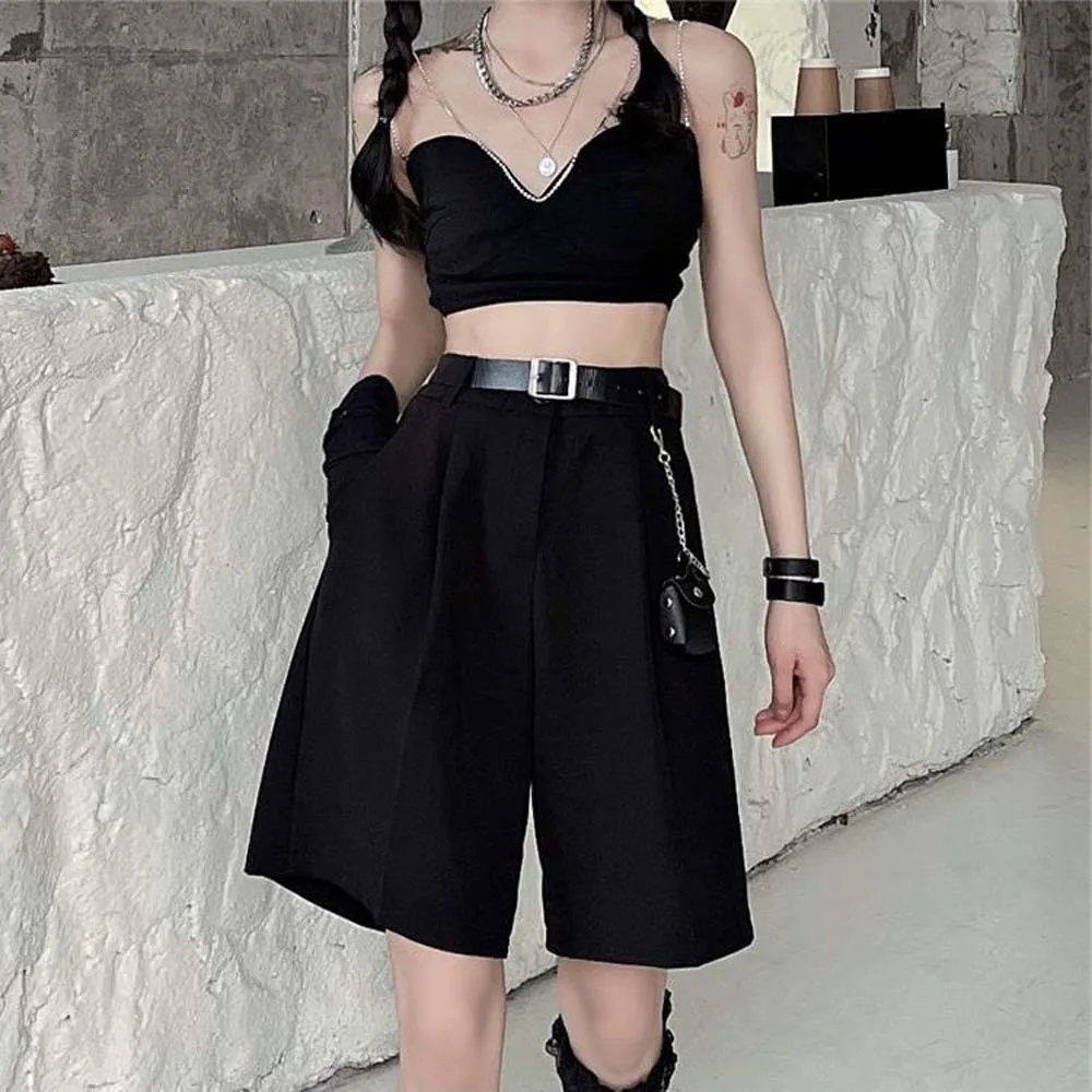 

Темные шорты, тонкий костюм в стиле ретро, комбинезон, шорты, женские брюки с широкими штанинами, пятиконечные брюки, брюки-трапеция с высоко...