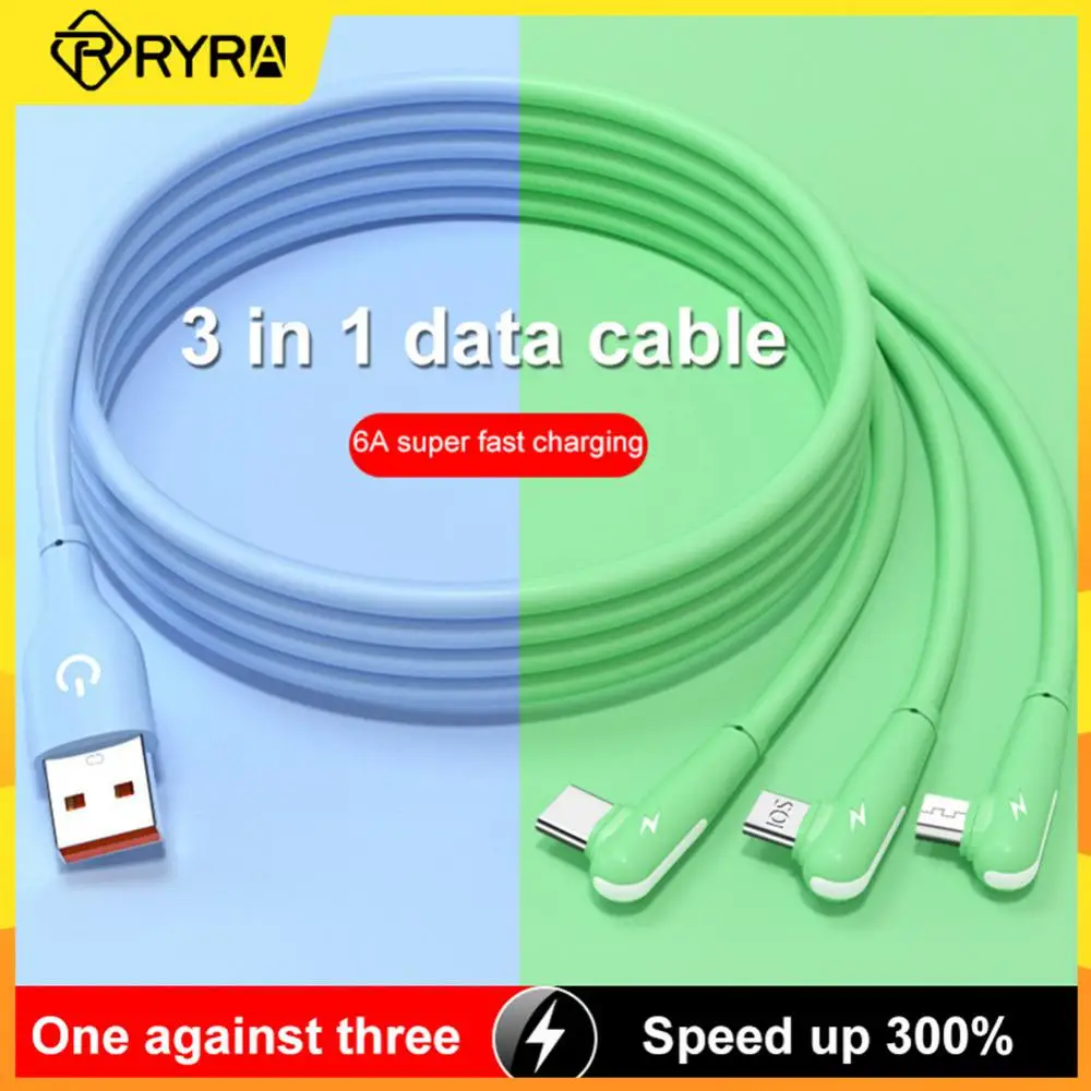 

RYRA 6A 66W 3in1 Fast Charging Elbow USB Cable USB Type-C Liquid Silicone Charging Data Cord For IPhone Huawei Samsung Xiaomi