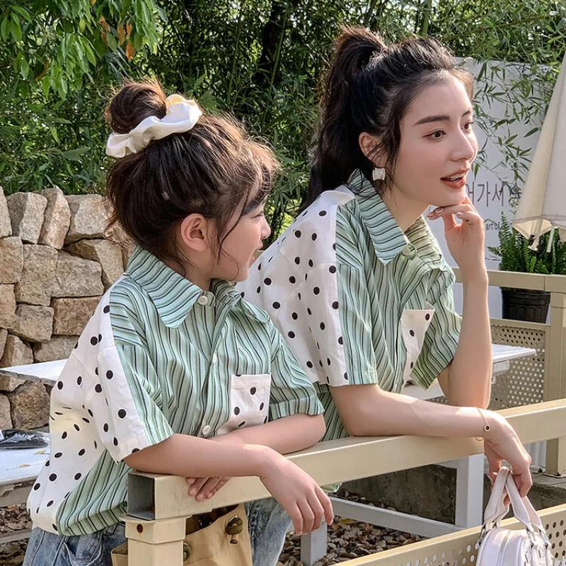 

Mom and daughter dress 2023 New in Family matching clothes Summer Polka dot striped lapel shirt Denim skirt Kids Clothes Girls