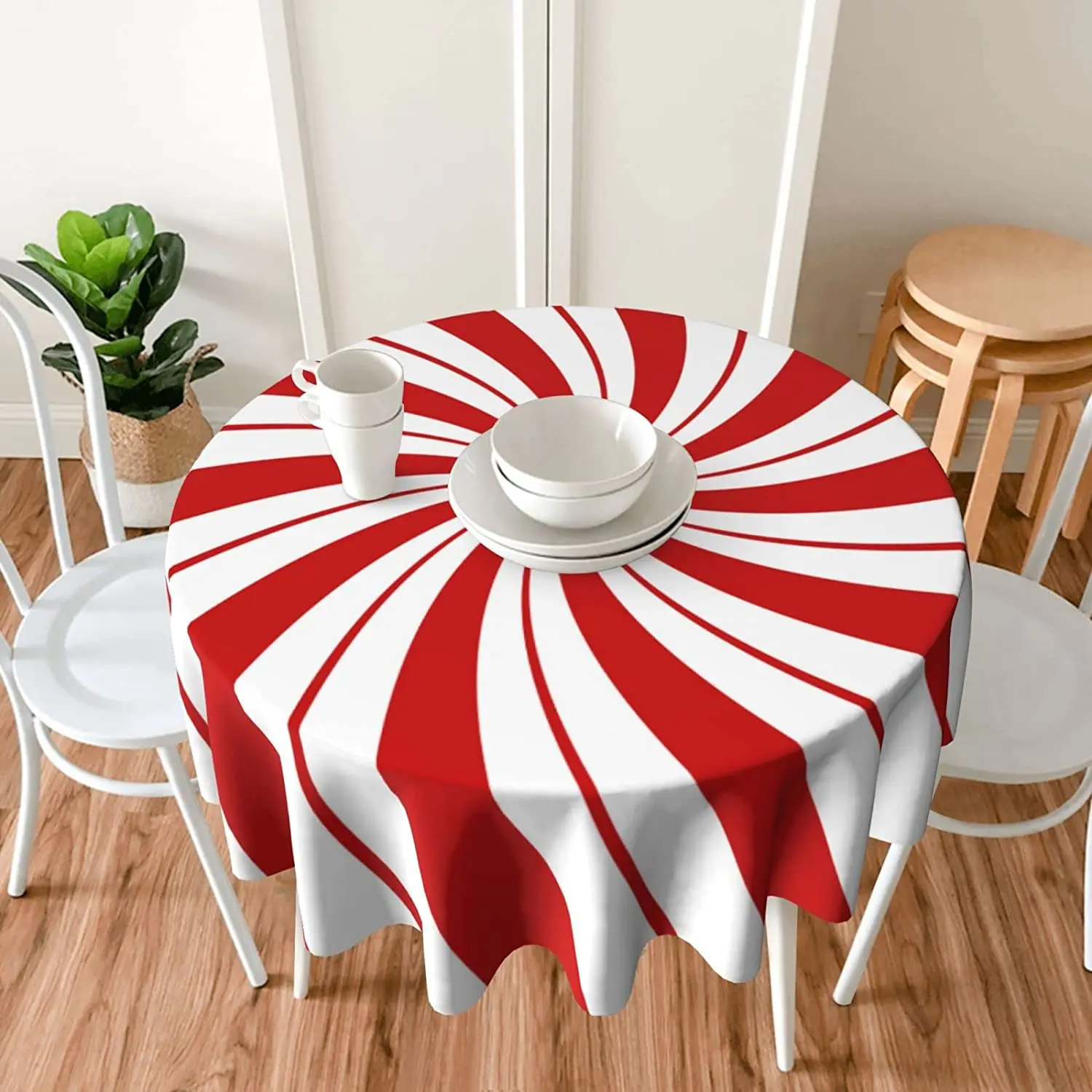 

Mint Sugar Double Swirl Candy Traditional Round Tablecloth 60 Inch Reusable Wipeable Waterproof Table Cloth for Party Kitchen