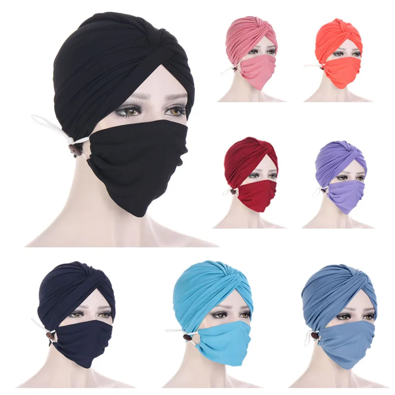Ethnic Knotted Masked Hats Muslim Headscarf Arab Ladies Hats Head Wraps Femme Wrap Headgear Hijabs for Women Chemo Cap Mask Set