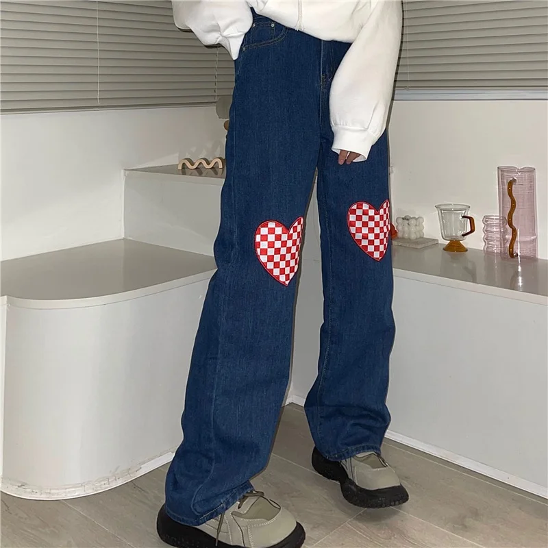 Harajuku High Waist Women's Straight Jeans Vintage Loose Heart Plaid Shape Baggy Denim Trouser Korean Wide Leg Pants Streetwear