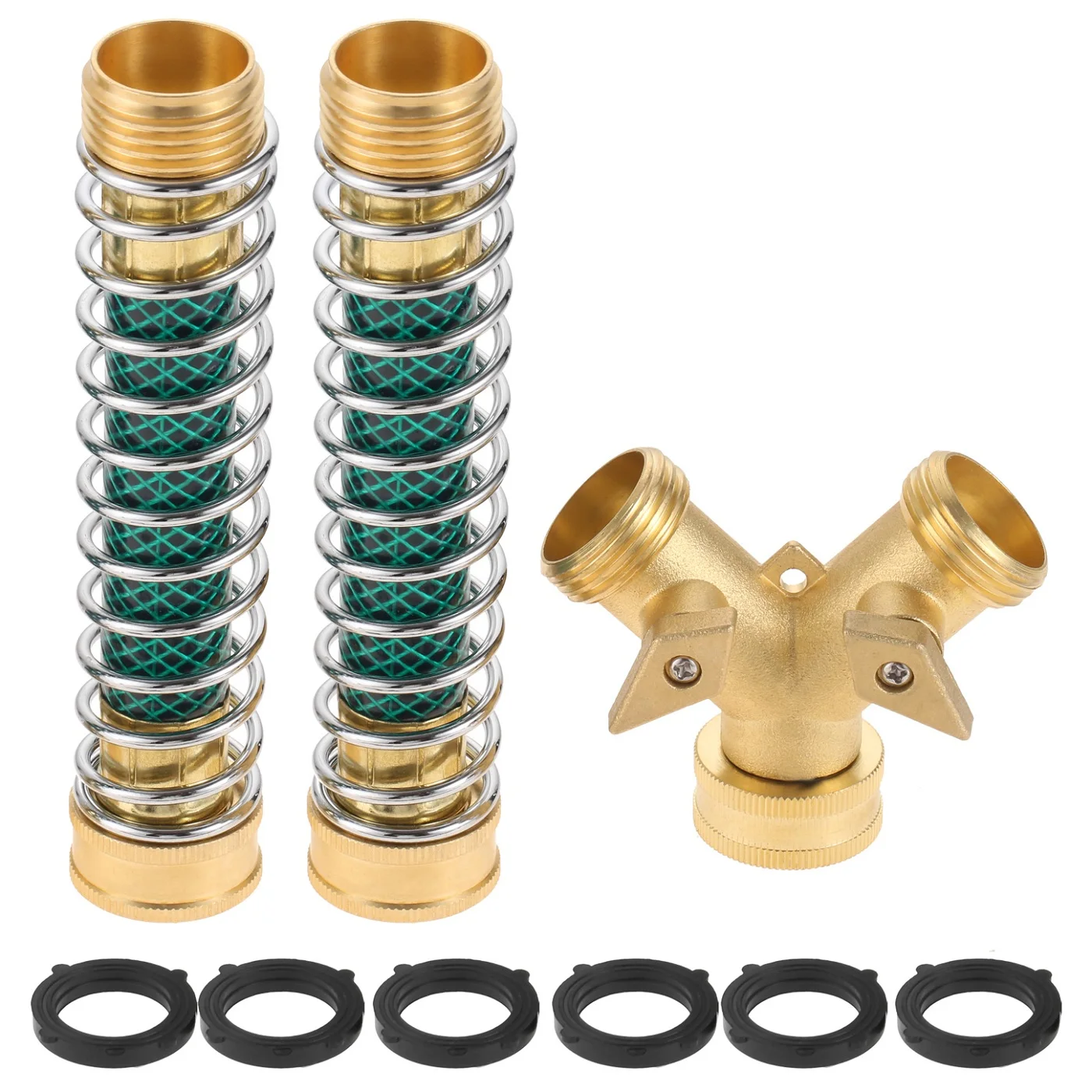 

3/4"Brass 2 Way Garden Hose Y Splitter Adapter Extension Connector,2Pcs Garden Hose Coiled Spring Protectors,6Pcs Rubber Washers