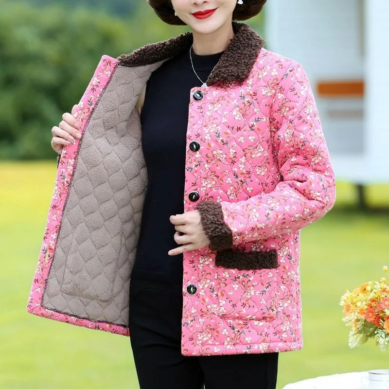 Mother 2022 New Short Cotton Jacket Autumn and Winter Cashmere Women's Floral Cotton Suit Light and Thin Coat Warm Little Cotton