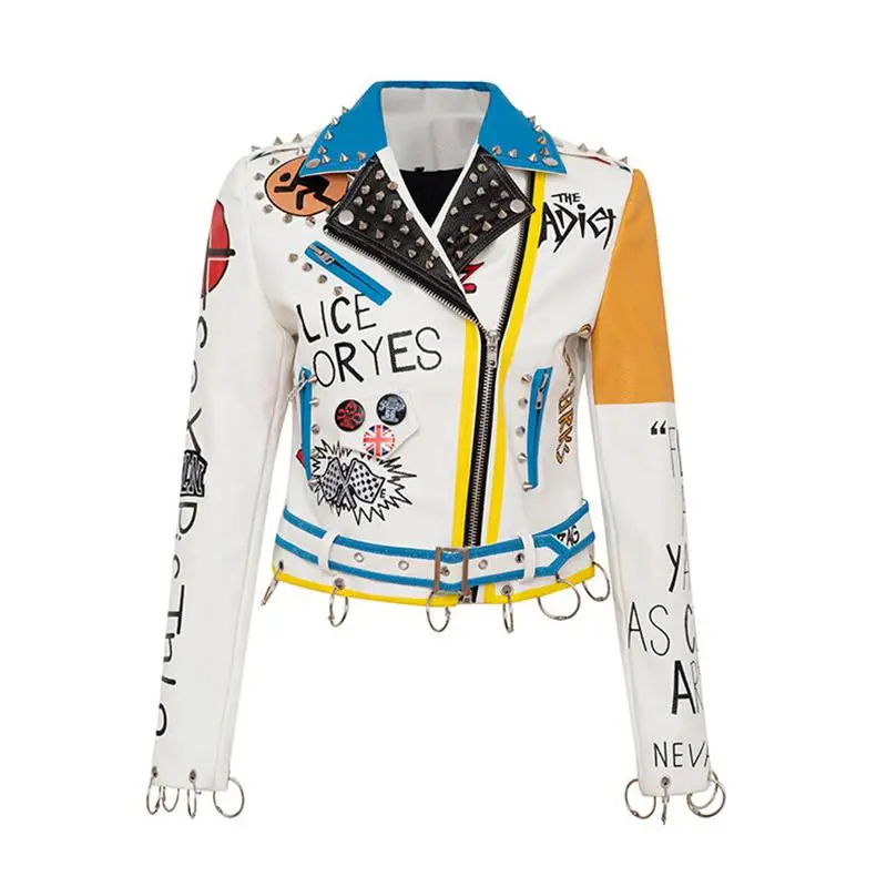 Women's spring and autumn new street hip-hop rock punk fun pattern graffiti printing heavy industry rivet leather jacket spot