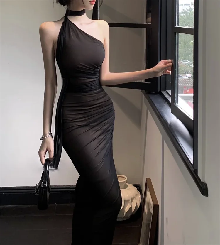 ogę eleganckie sukienki damskie bez rękawów ukośny kołnierzyk seksowna bandażowa siateczkowa patchworkowa marszczona sukienka na imprezę