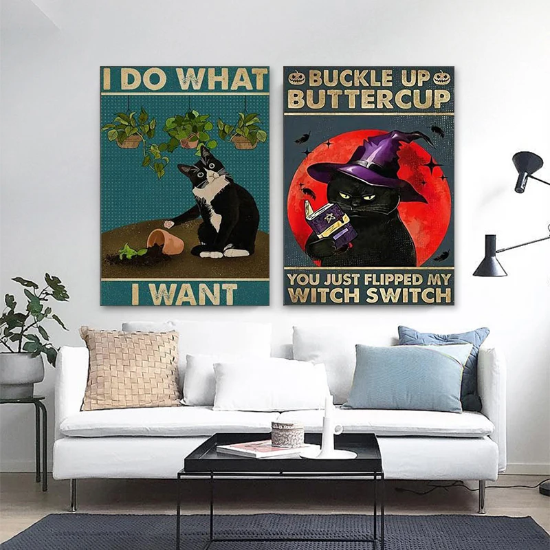 Креативная Картина на холсте с мультяшным черным котом плакат и принты Настенная