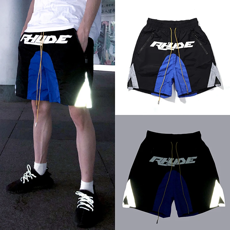

Black Rhude Colorblock Reflective Panel Logo Print Shorts Street Mens and Womens Casual Drawstring Shorts