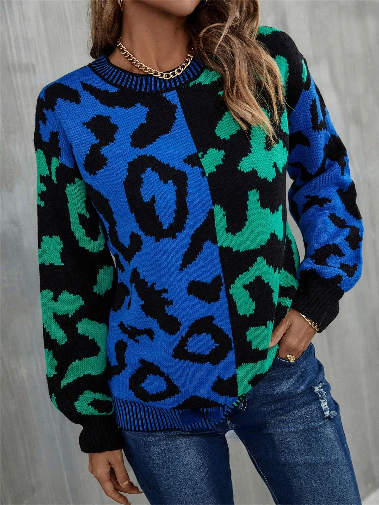 

2023 Women Autumn Winter New Leopard Print Stitching Sweater Streetwear Round Neck Long Sleeve Knitting Pullover Fashion Tops