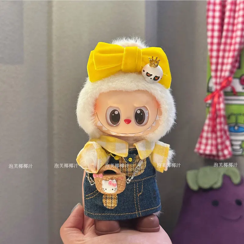 Фото Подходит для детской одежды Labubu 17 см, виниловая слепая коробка, сердцебиение, миндальное печенье, передняя часть, высокое энергопотребление 3,0, клетчатый костюм с юбкой на бретельках №4