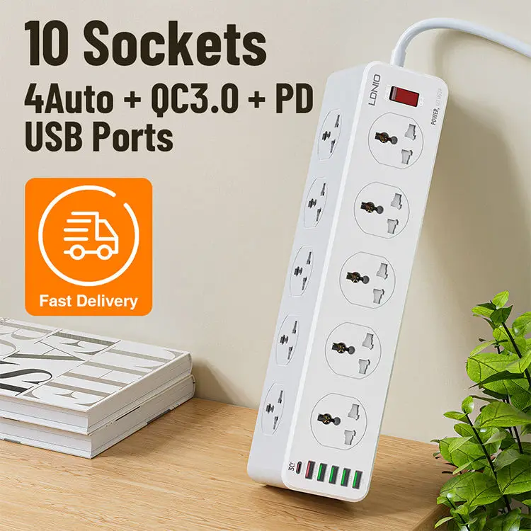 

LDNIO SC10610 Extension Power Socket Strip With 10 Sockets 6 Type-C USB QC3.0 Charger Port Surge Protector Power Strip Universal