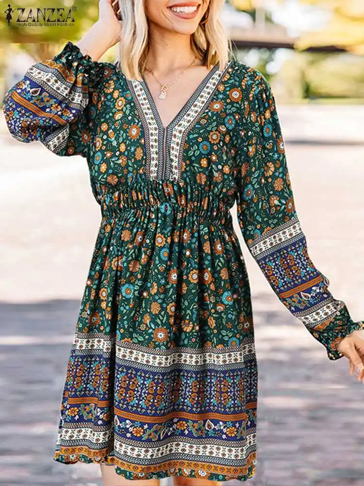 

ZANZEA Bohemian V-Neck Puff Sleeve Sundress Women Spring Floral printed Dress Casual Elegant Holiday Loose Elastic Dresses 2022