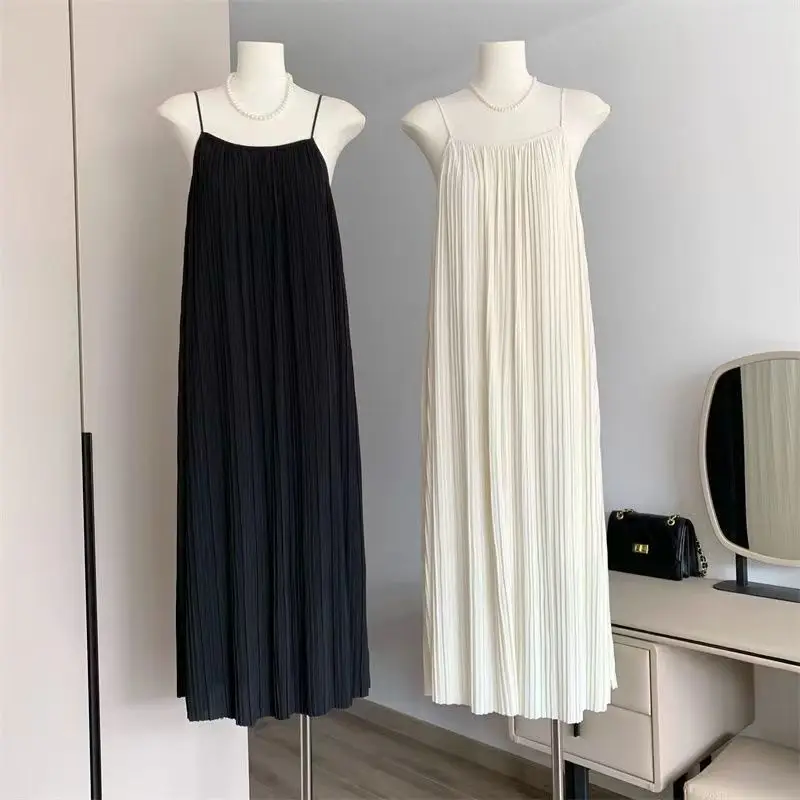 

BEENLE Spring Summer 2023 Suspender Dress Temperament Korean Version Simple Drape Thin Pleated Long Skirt Solid Loose Dresses