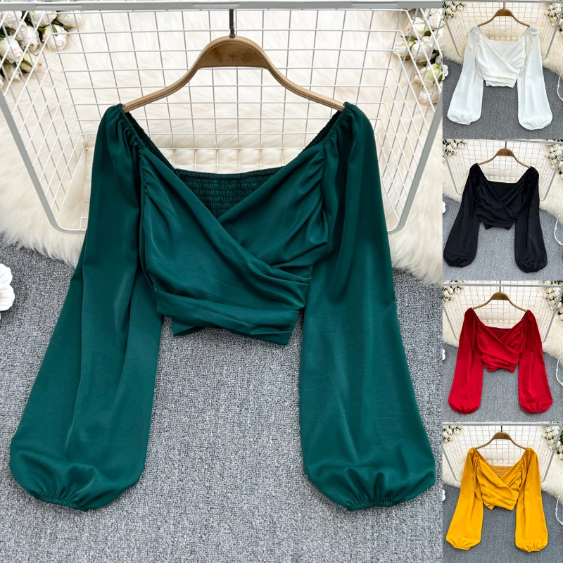 

2023 Spring Summer V-neck Women Blouses Plain Sexy Elastic Long Sleeve Puff Blouses Ladies Chic Ruched Crop Tops Female