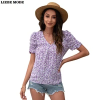 floral print sexy v neck chiffon blouses for women 2022 summer fashion short puff sleeve tops ladies casual slim tshirt femme