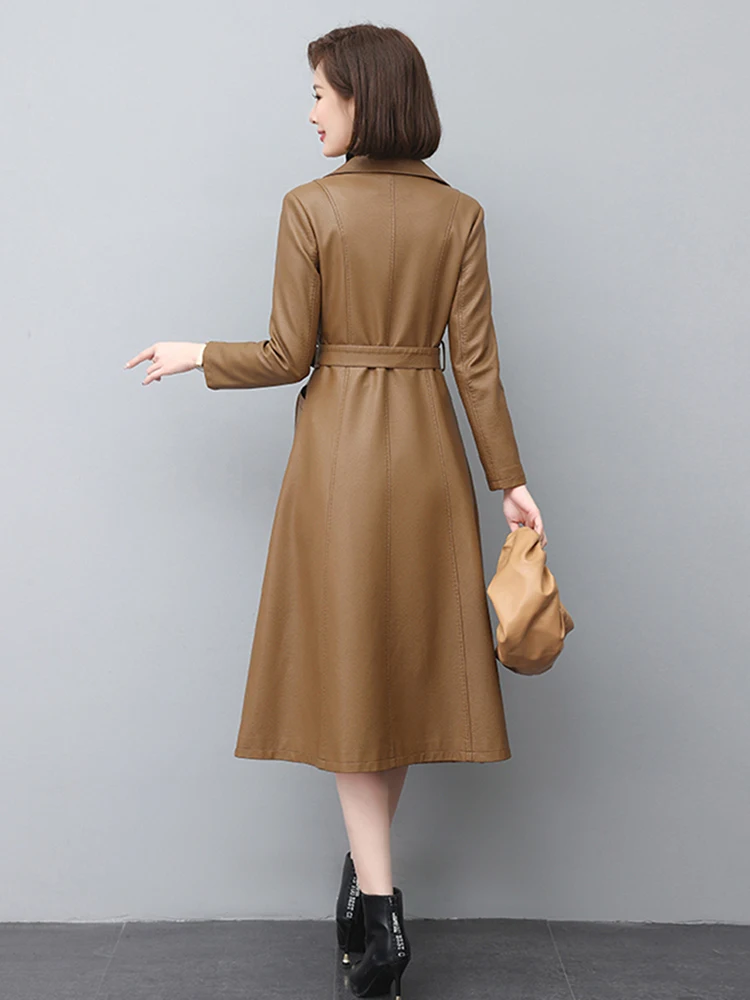 New Women Leather Trench Coat Spring Autumn Fashion Classic Suit Collar Long Sheepskin Outerwear Slim Split Leather Tops Coat
