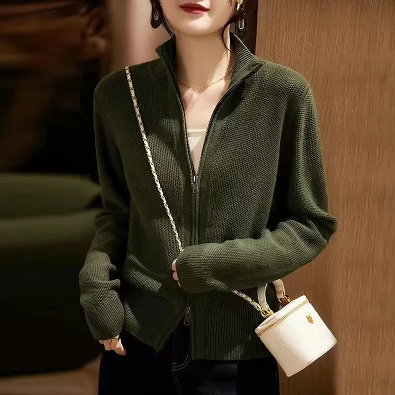 

Women's sweater with high collar, standing collar and zipper, long sleeve pullover cardigan, warm pullover jacket for autumn new