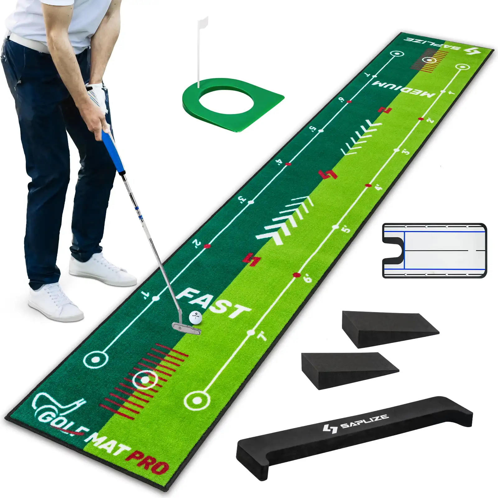 Two-Speed Golf Putting Practice Mat with Putting Alignment Mirror, 20 in X 10 ft Putting Training Aid Mat, Anti-Slip Backing Gol